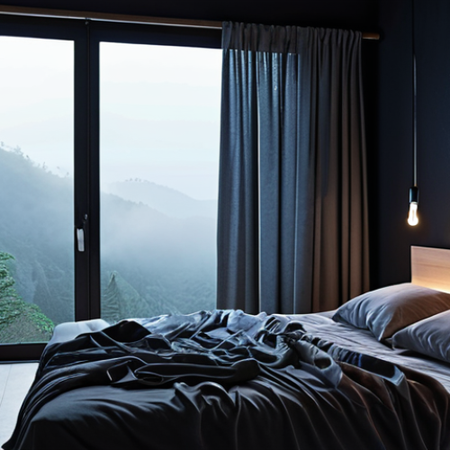 Home 13 The Serene Sleep Sanctuary**
A tranquil and perfectly optimized bedroom environment designed for deep sleep. The room is enveloped in complete darkness, achieved by thick, blackout curtains. A comfortable, inviting bed with plush bedding is the central focus. Subtle elements like a digital thermometer showing an ideal temperature (e.g., 20°C) or a gentle, barely visible humidifier mist. The overall atmosphere is one of profound peace, quiet, and comfort, evoking a personal oasis for rest.
**