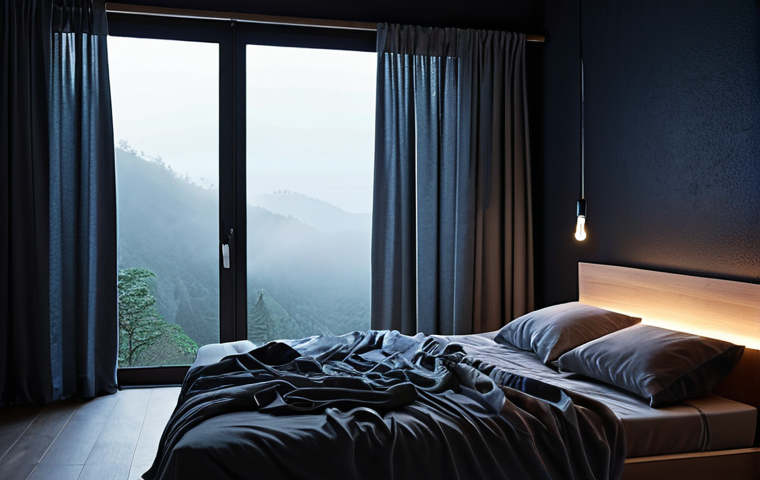 The Serene Sleep Sanctuary**
A tranquil and perfectly optimized bedroom environment designed for deep sleep. The room is enveloped in complete darkness, achieved by thick, blackout curtains. A comfortable, inviting bed with plush bedding is the central focus. Subtle elements like a digital thermometer showing an ideal temperature (e.g., 20°C) or a gentle, barely visible humidifier mist. The overall atmosphere is one of profound peace, quiet, and comfort, evoking a personal oasis for rest.
**