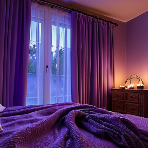Home 8 **
"Peaceful bedroom oasis at night, soft lighting, blackout curtains, aromatherapy diffuser releasing lavender scent, cozy bedding."
**