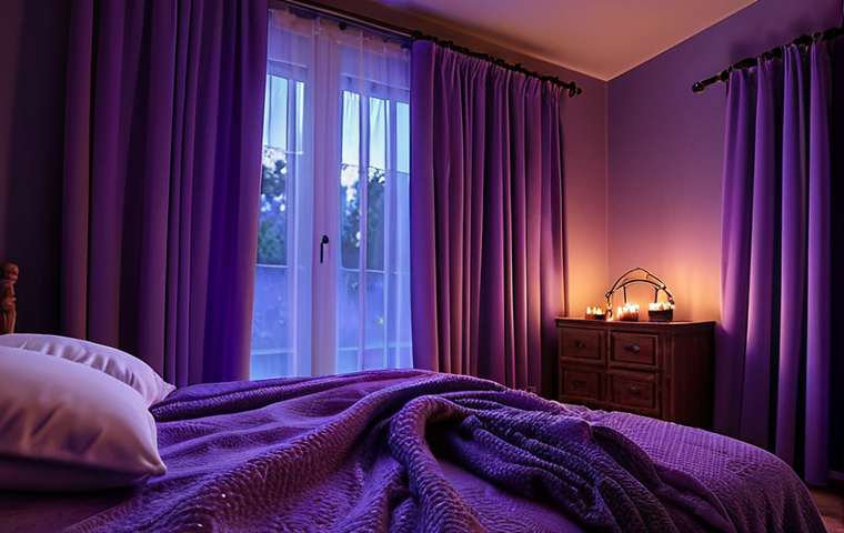 **
"Peaceful bedroom oasis at night, soft lighting, blackout curtains, aromatherapy diffuser releasing lavender scent, cozy bedding."
**