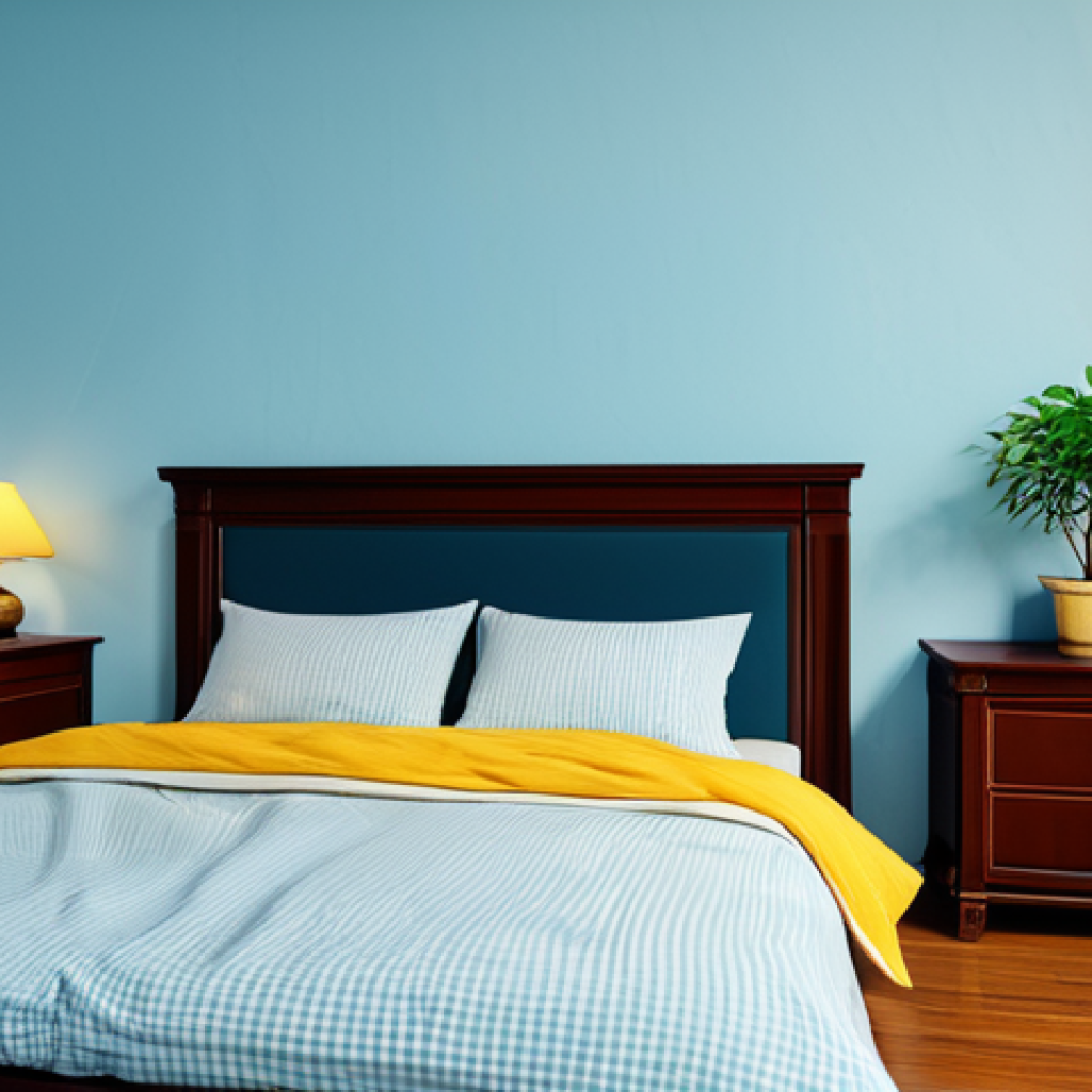 Tranquil Vietnamese Bedroom**
"A bedroom in Vietnam, featuring light blue walls, warm yellow lighting from a bedside lamp, a comfortable bed with cotton sheets, and a wooden floor. A small shelf holds books and a small plant. Safe for work, appropriate content, fully clothed, modest, professional, perfect anatomy, natural proportions, high quality."
**