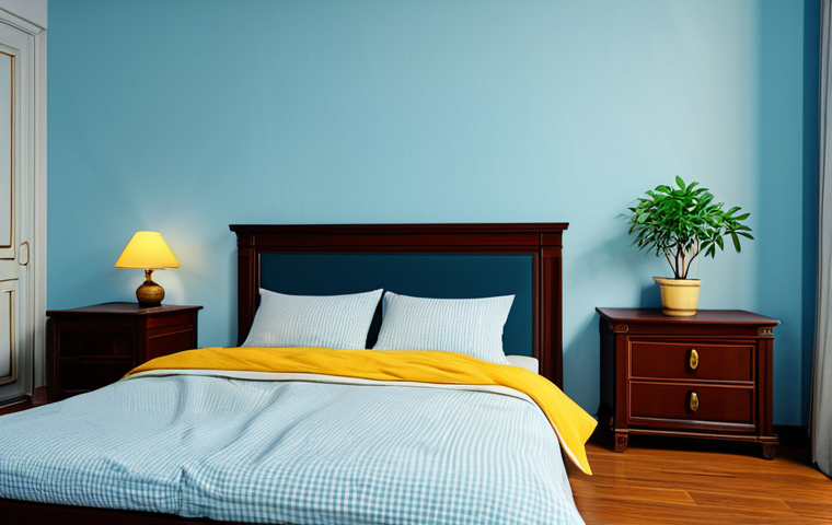 Tranquil Vietnamese Bedroom**
"A bedroom in Vietnam, featuring light blue walls, warm yellow lighting from a bedside lamp, a comfortable bed with cotton sheets, and a wooden floor. A small shelf holds books and a small plant. Safe for work, appropriate content, fully clothed, modest, professional, perfect anatomy, natural proportions, high quality."
**