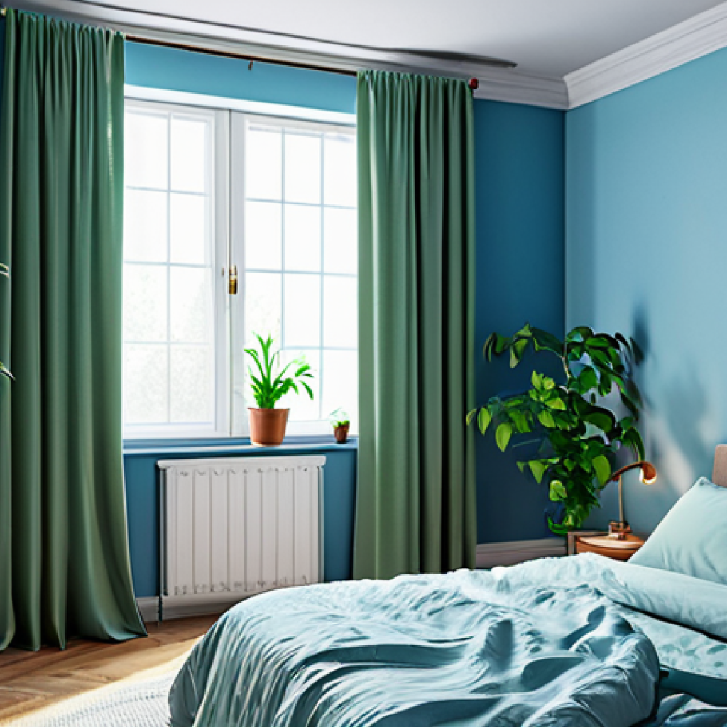 불면증 예방을 위한 수면 환경 조성 - Serene Bedroom Oasis**
"A peaceful bedroom interior bathed in soft blue light, featuring blackout c...