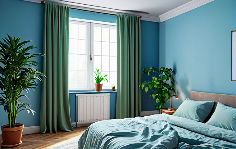 불면증 예방을 위한 수면 환경 조성 - Serene Bedroom Oasis**
"A peaceful bedroom interior bathed in soft blue light, featuring blackout c...