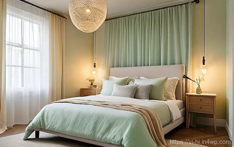 휴식 공간으로서의 침실 활용법 - **Prompt 1: A Tranquil Oasis of Soft Colors and Warm Light**
"An exquisitely serene and inviting...