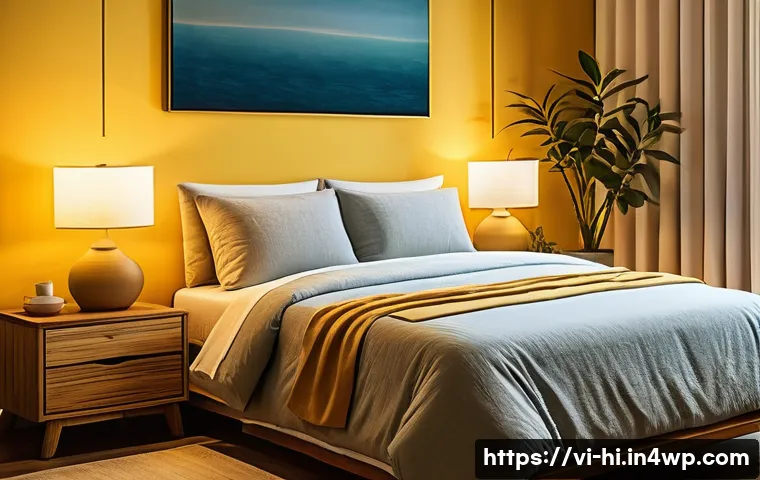 최고의 수면 보조기구 추천 - A cozy Vietnamese bedroom scene at night featuring a modern white noise machine emitting soft, glowi...