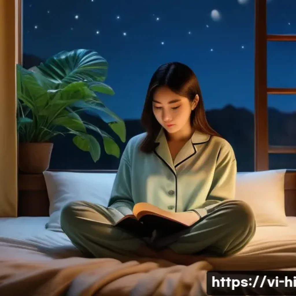 수면 질 향상을 위한 과학적 연구 결과 - A peaceful Vietnamese bedroom scene at night featuring a young adult wearing comfortable pajamas, si...