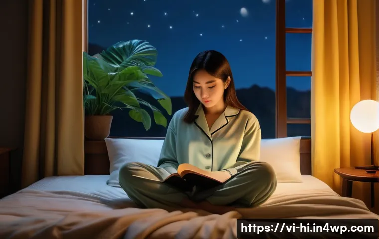수면 질 향상을 위한 과학적 연구 결과 - A peaceful Vietnamese bedroom scene at night featuring a young adult wearing comfortable pajamas, si...