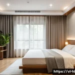 Home 21 수면의 질을 높이는 방안 - A cozy, softly lit bedroom scene designed for ideal sleep environment in a Vietnamese home: temperat...