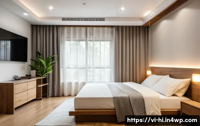 수면의 질을 높이는 방안 - A cozy, softly lit bedroom scene designed for ideal sleep environment in a Vietnamese home: temperat...