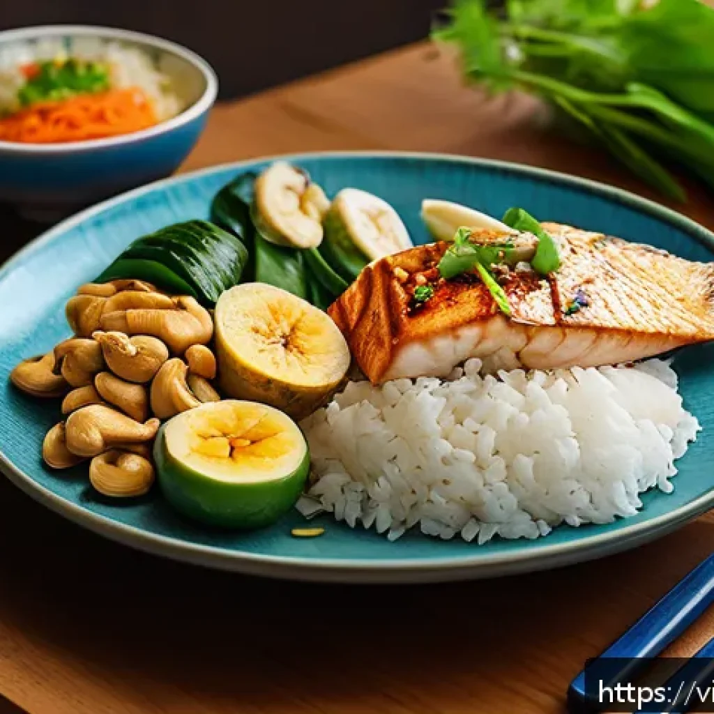 수면 질 향상을 위한 체중 관리 - A vibrant, cozy Vietnamese kitchen scene showing a balanced dinner plate with steamed rice, grilled ...