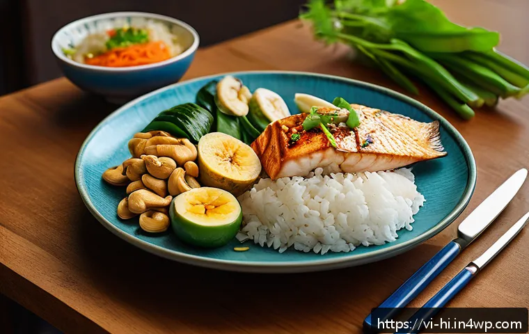 수면 질 향상을 위한 체중 관리 - A vibrant, cozy Vietnamese kitchen scene showing a balanced dinner plate with steamed rice, grilled ...