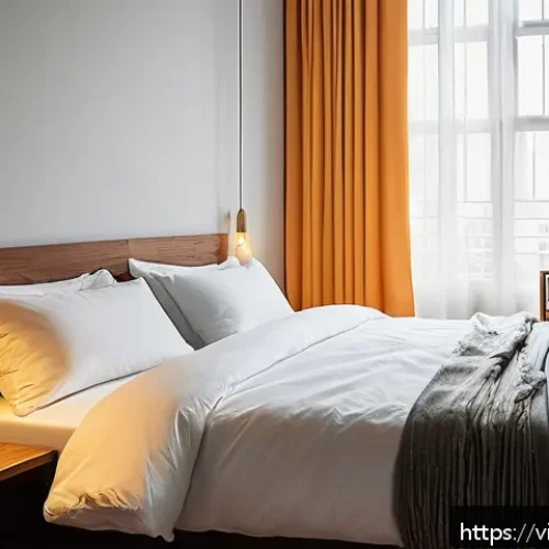 Home 31 스트레스를 줄이는 수면 환경 만들기 - A cozy bedroom scene in a Vietnamese urban apartment during evening time, featuring warm yellow and ...