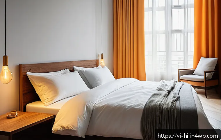 스트레스를 줄이는 수면 환경 만들기 - A cozy bedroom scene in a Vietnamese urban apartment during evening time, featuring warm yellow and ...