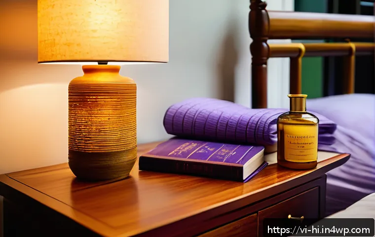 수면 환경을 위한 캔들 사용법 - A cozy, softly lit Vietnamese bedroom scene at dusk, featuring a natural beeswax candle burning gent...